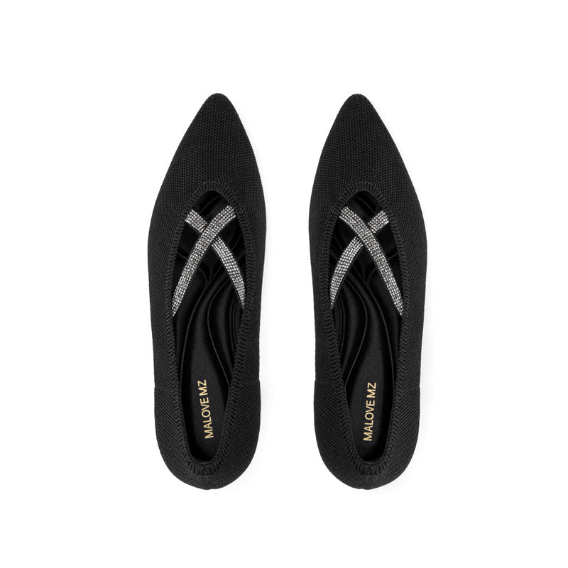 Countess Cross-Strap Kitten Heels – Crystal Pointed Toe Knit Pumps