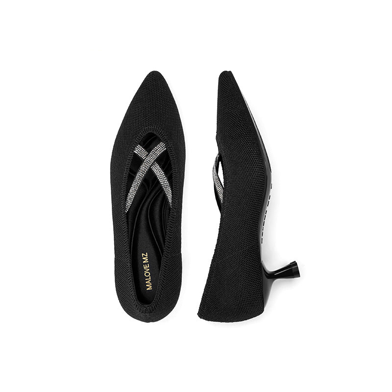 Countess Cross-Strap Kitten Heels – Crystal Pointed Toe Knit Pumps
