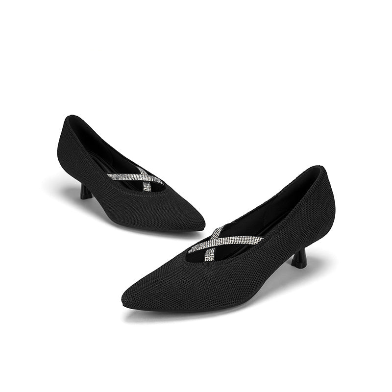 Countess Cross-Strap Kitten Heels – Crystal Pointed Toe Knit Pumps