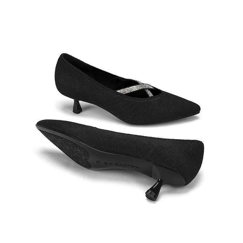 Countess Cross-Strap Kitten Heels – Crystal Pointed Toe Knit Pumps