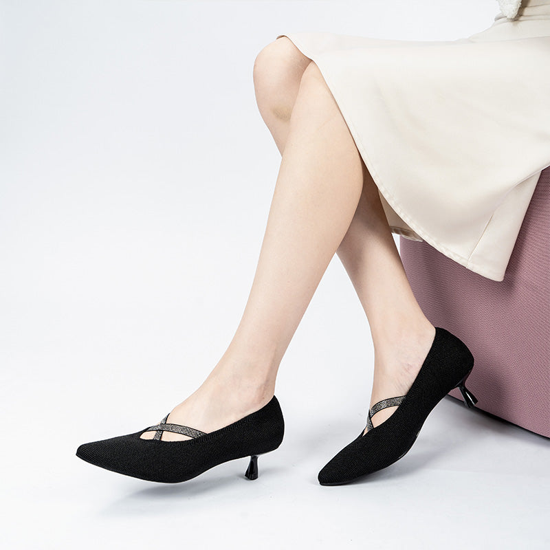 Countess Cross-Strap Kitten Heels – Crystal Pointed Toe Knit Pumps