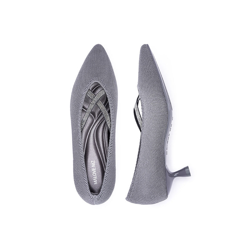 Countess Cross-Strap Kitten Heels – Crystal Pointed Toe Knit Pumps