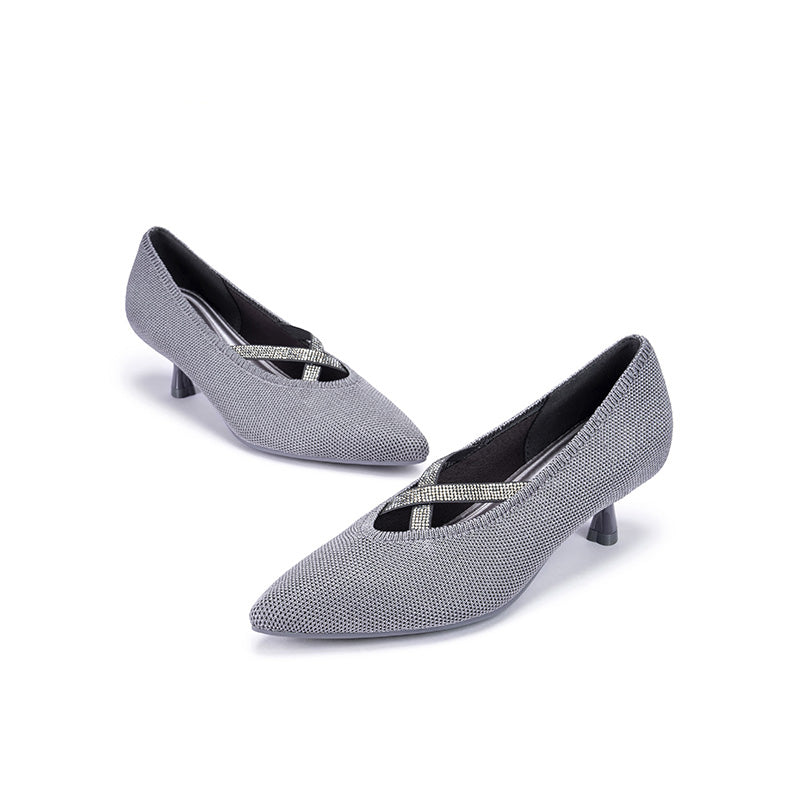 Countess Cross-Strap Kitten Heels – Crystal Pointed Toe Knit Pumps