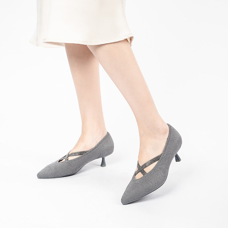 Countess Cross-Strap Kitten Heels – Crystal Pointed Toe Knit Pumps