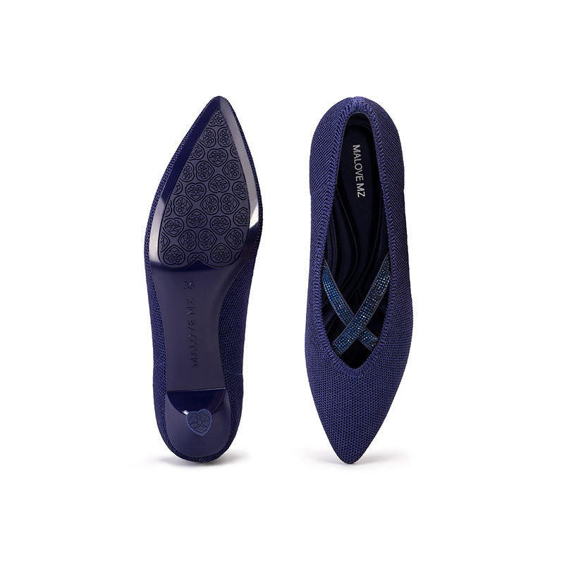 Countess Cross-Strap Kitten Heels – Crystal Pointed Toe Knit Pumps