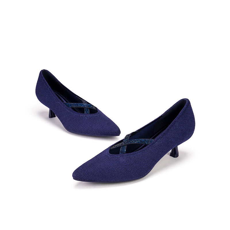 Countess Cross-Strap Kitten Heels – Crystal Pointed Toe Knit Pumps