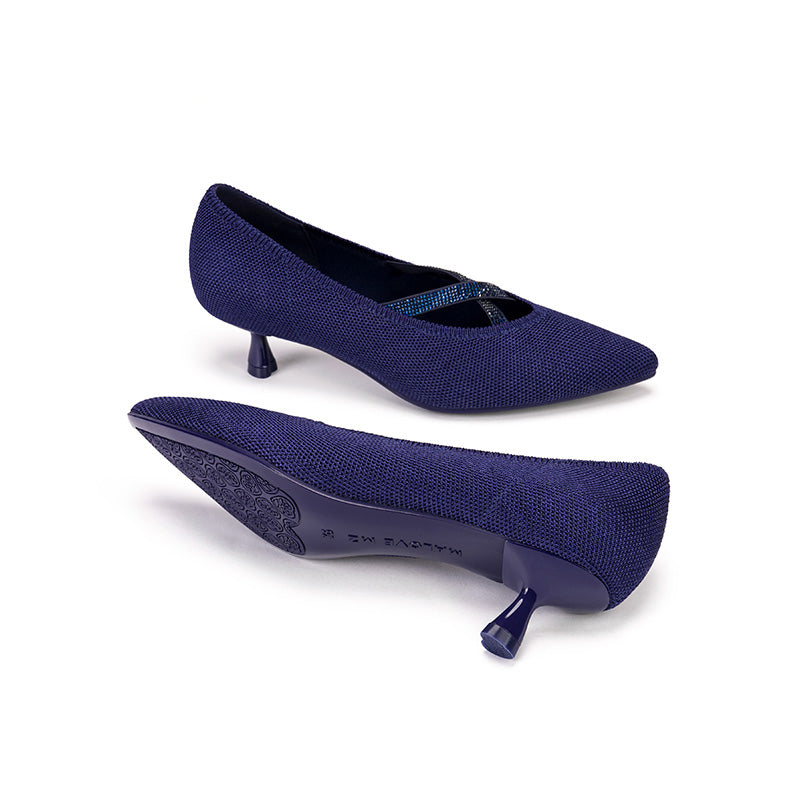 Countess Cross-Strap Kitten Heels – Crystal Pointed Toe Knit Pumps