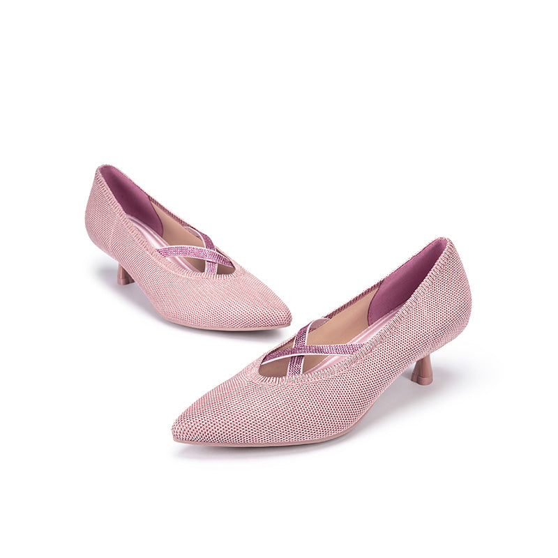 Countess Cross-Strap Kitten Heels – Crystal Pointed Toe Knit Pumps
