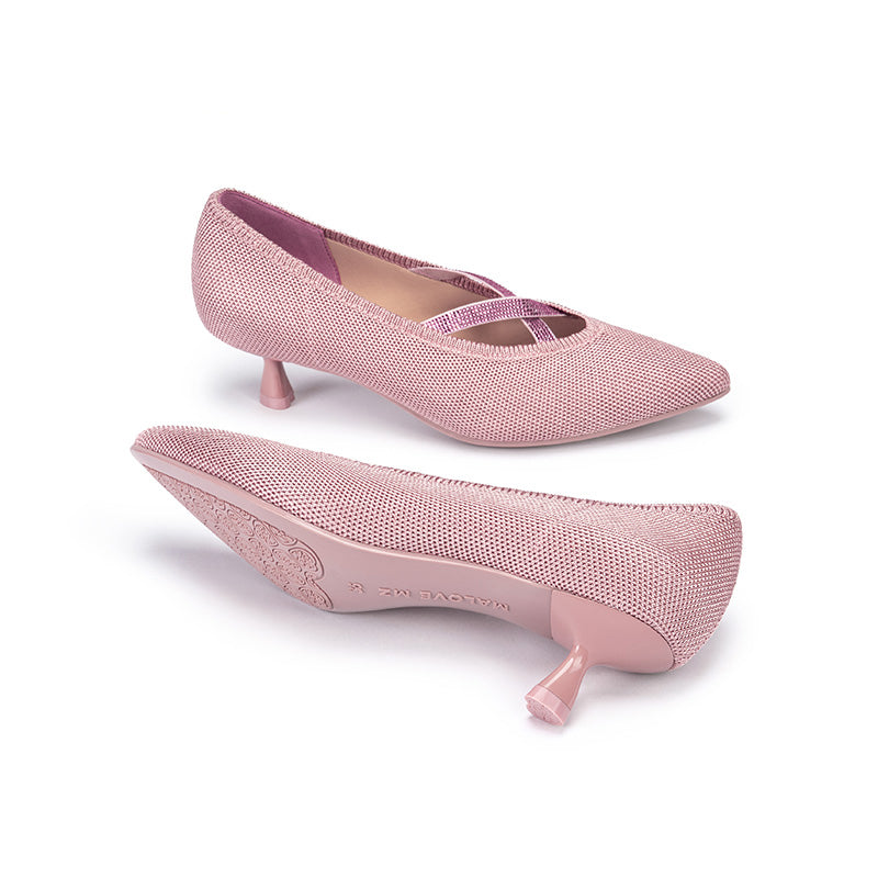 Countess Cross-Strap Kitten Heels – Crystal Pointed Toe Knit Pumps