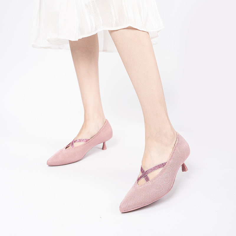 Countess Cross-Strap Kitten Heels – Crystal Pointed Toe Knit Pumps