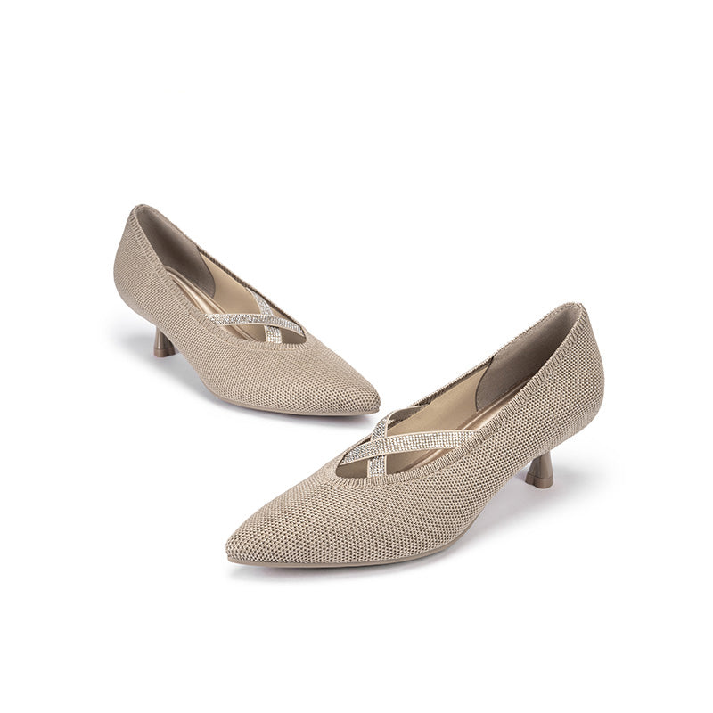 Countess Cross-Strap Kitten Heels – Crystal Pointed Toe Knit Pumps