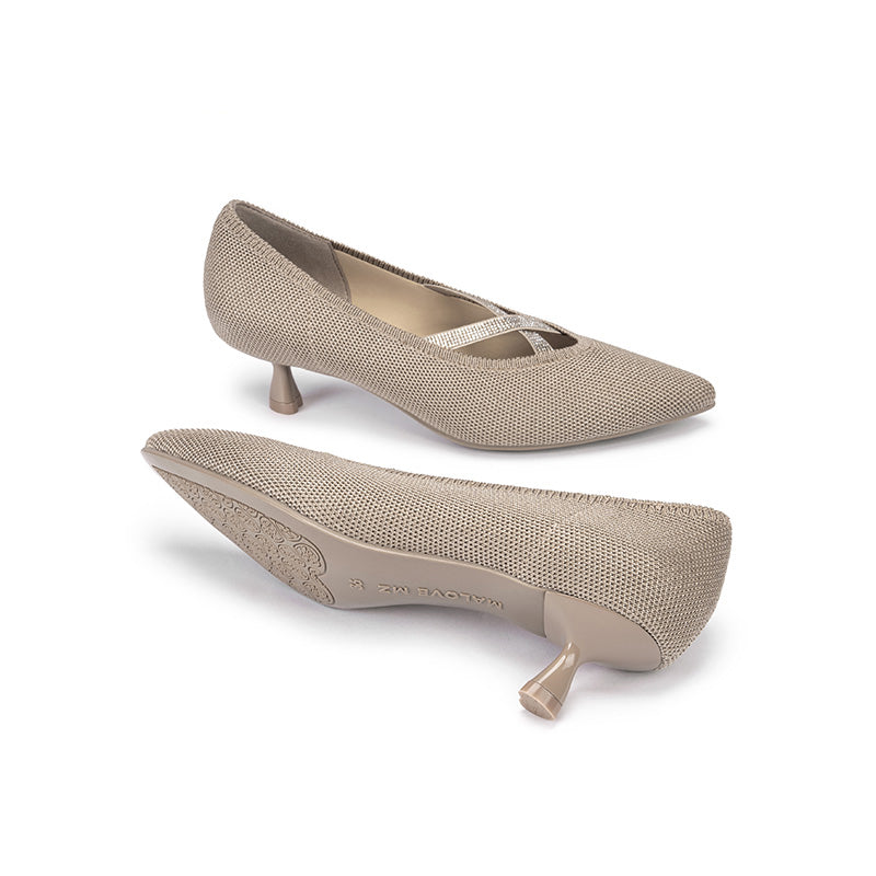 Countess Cross-Strap Kitten Heels – Crystal Pointed Toe Knit Pumps