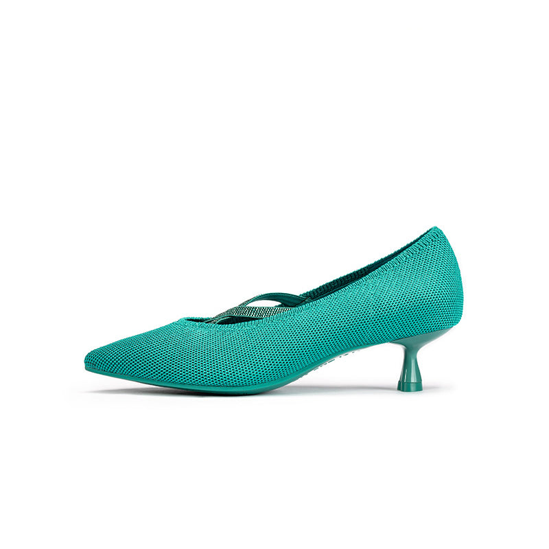 Countess Cross-Strap Kitten Heels – Crystal Pointed Toe Knit Pumps