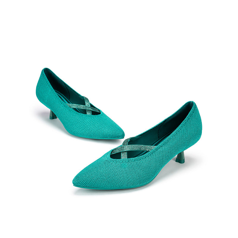 Countess Cross-Strap Kitten Heels – Crystal Pointed Toe Knit Pumps