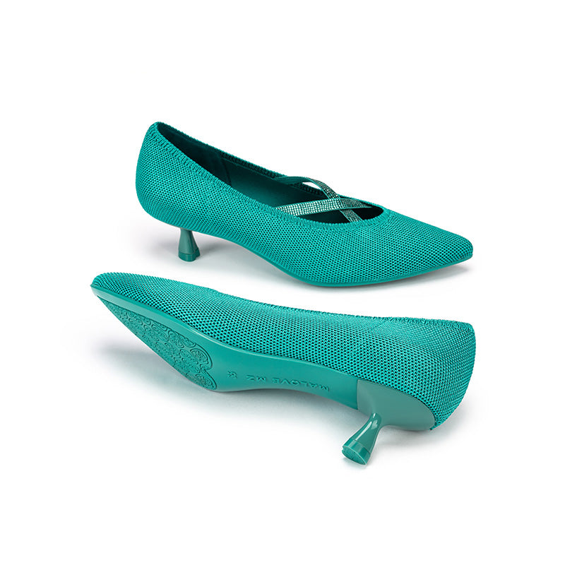 Countess Cross-Strap Kitten Heels – Crystal Pointed Toe Knit Pumps