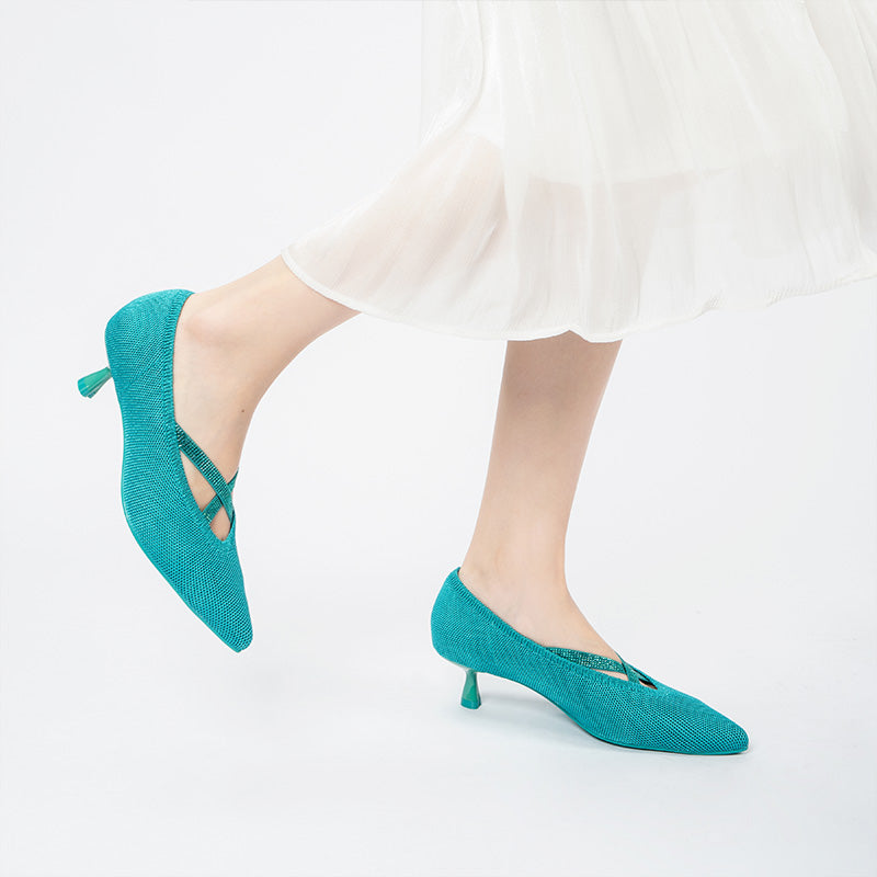 Countess Cross-Strap Kitten Heels – Crystal Pointed Toe Knit Pumps