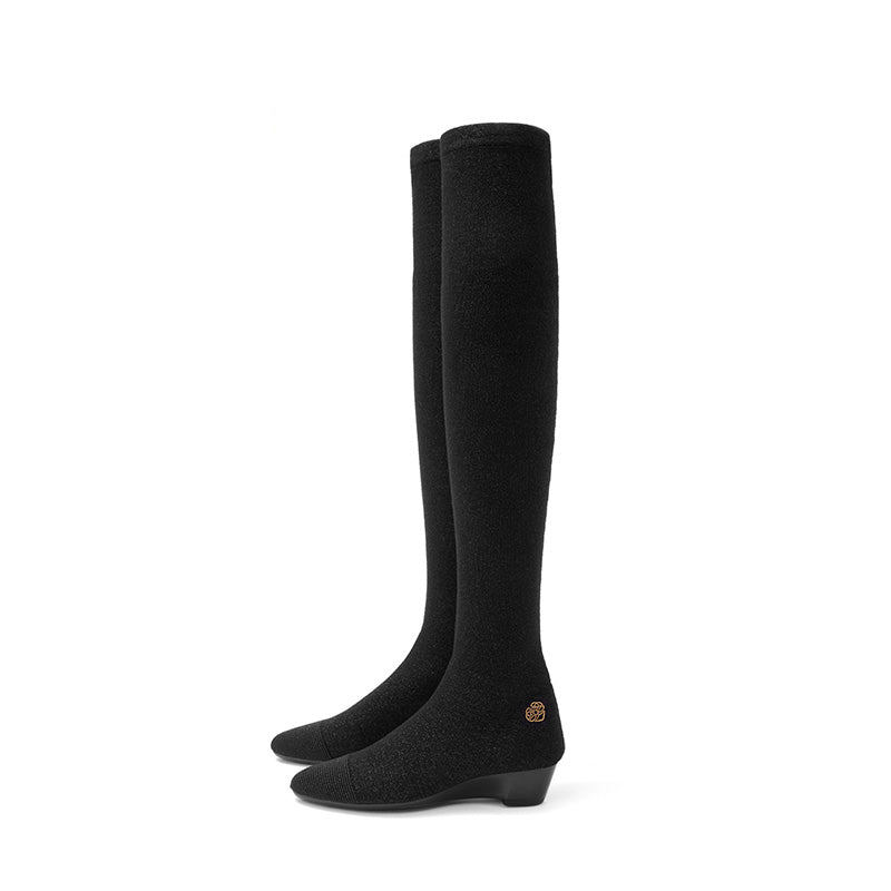 country low heel stretch over the knee boots all black 1