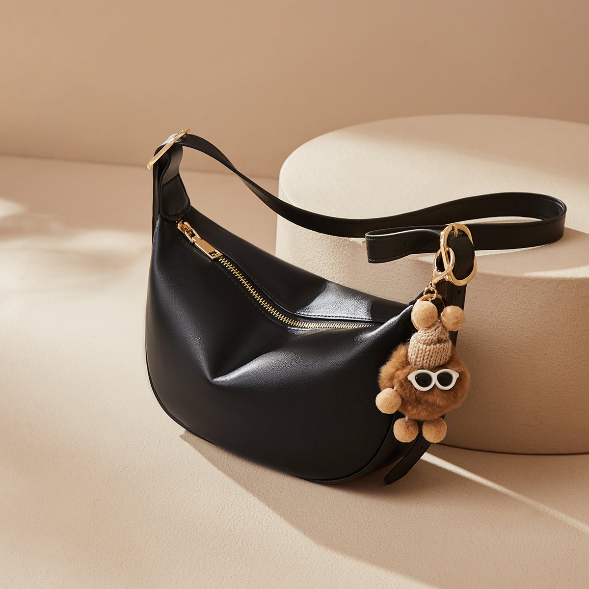 Crescent Leather Crossbody Shoulder Bag with Bear Charm