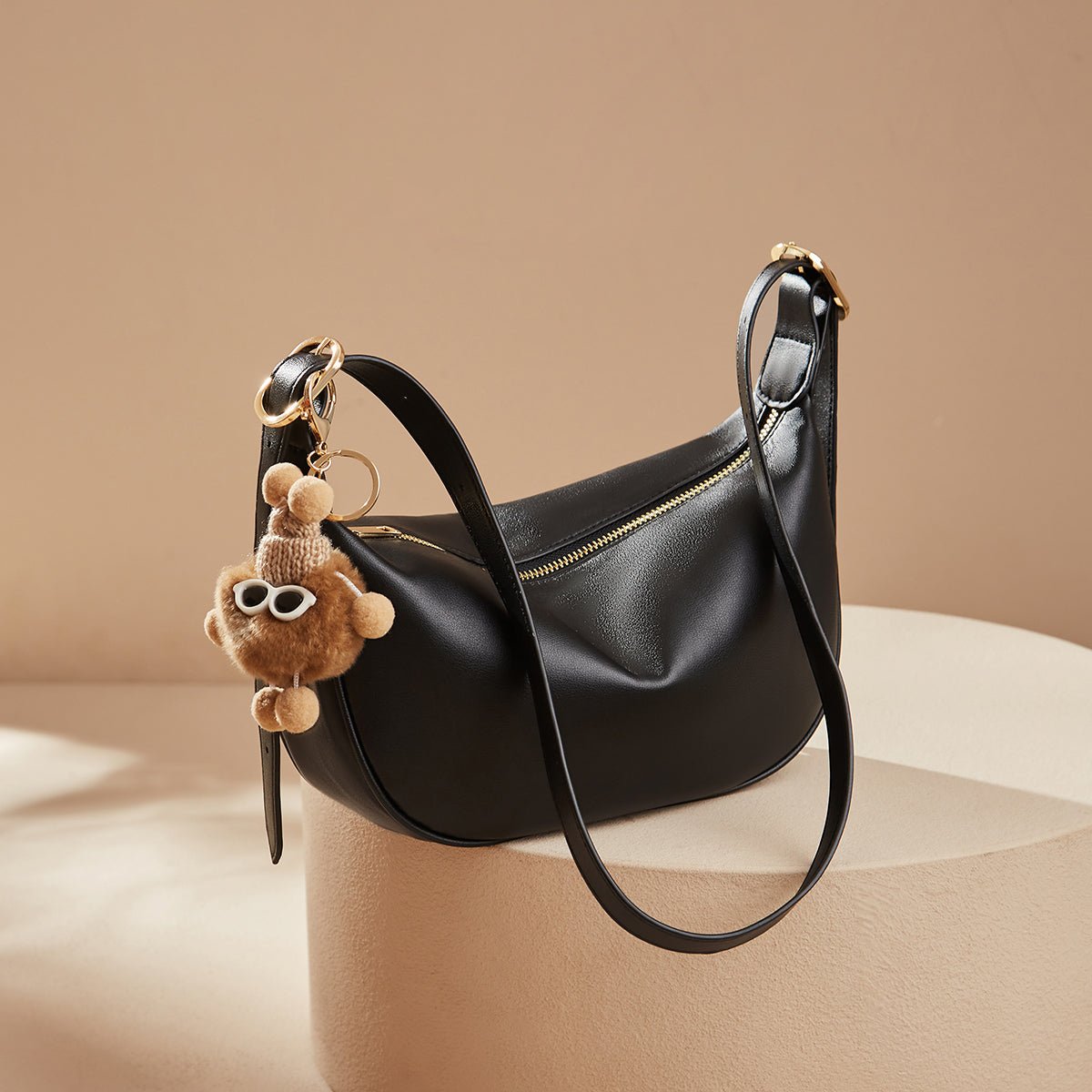Crescent Leather Crossbody Shoulder Bag with Bear Charm
