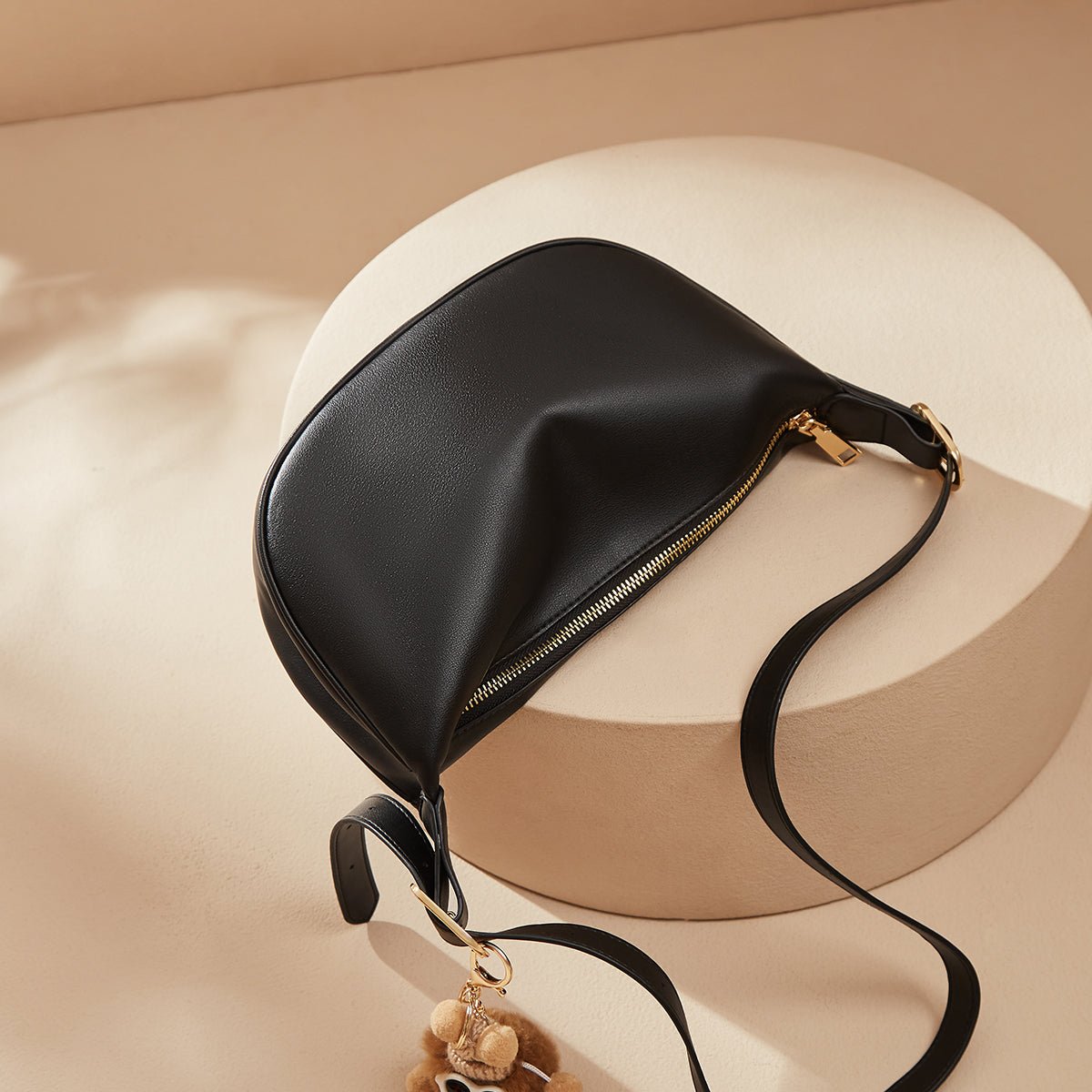 Crescent Leather Crossbody Shoulder Bag with Bear Charm