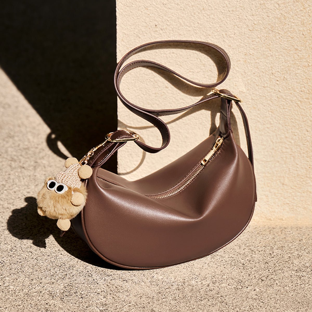 Crescent Leather Crossbody Shoulder Bag with Bear Charm