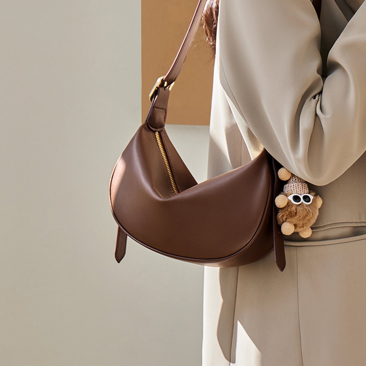 Crescent Leather Crossbody Shoulder Bag with Bear Charm