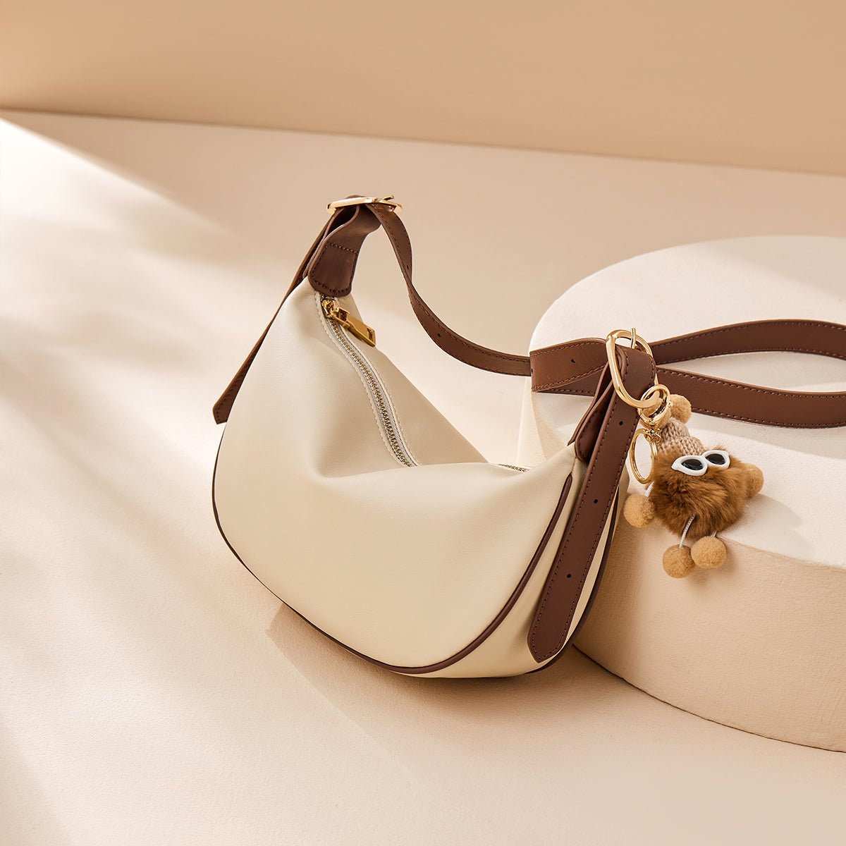Crescent Leather Crossbody Shoulder Bag with Bear Charm