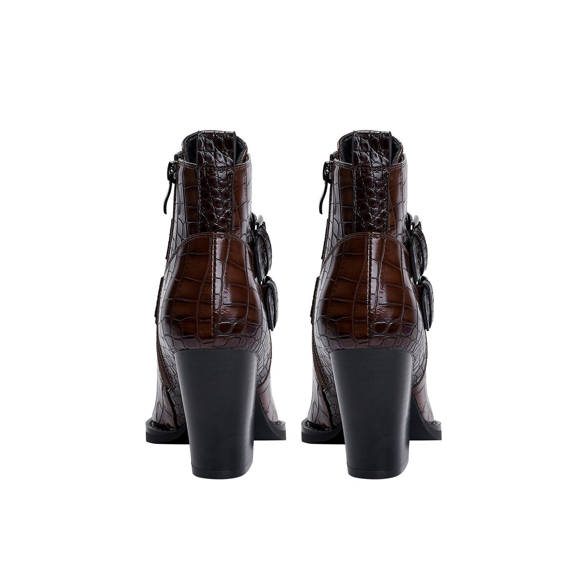 Croc Embossed Double Buckle Pointed Toe Ankle Boots