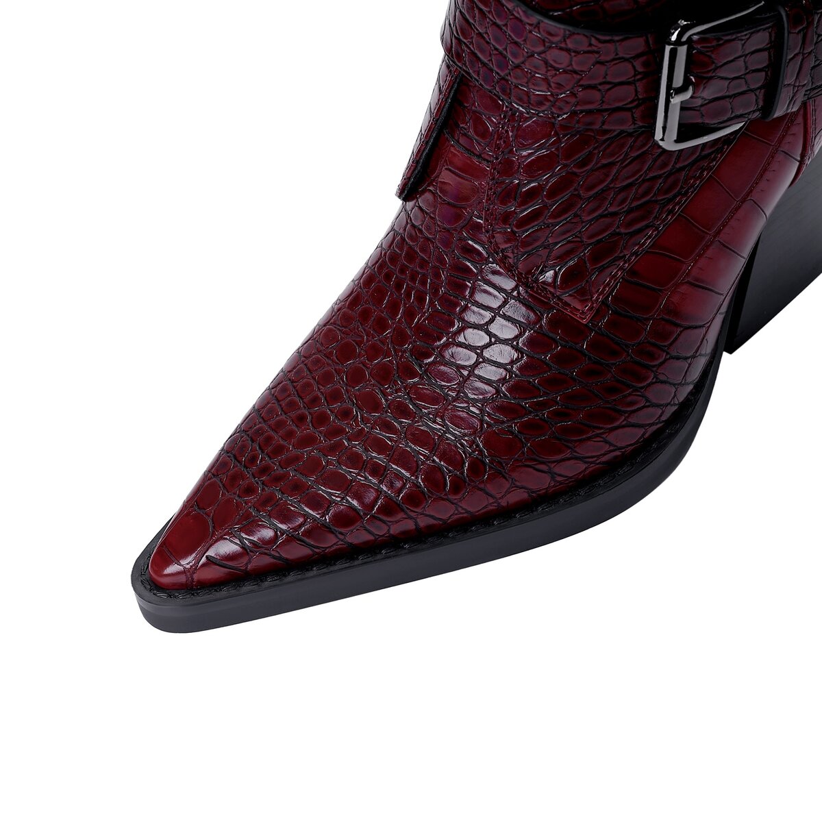 Croc Embossed Double Buckle Pointed Toe Ankle Boots