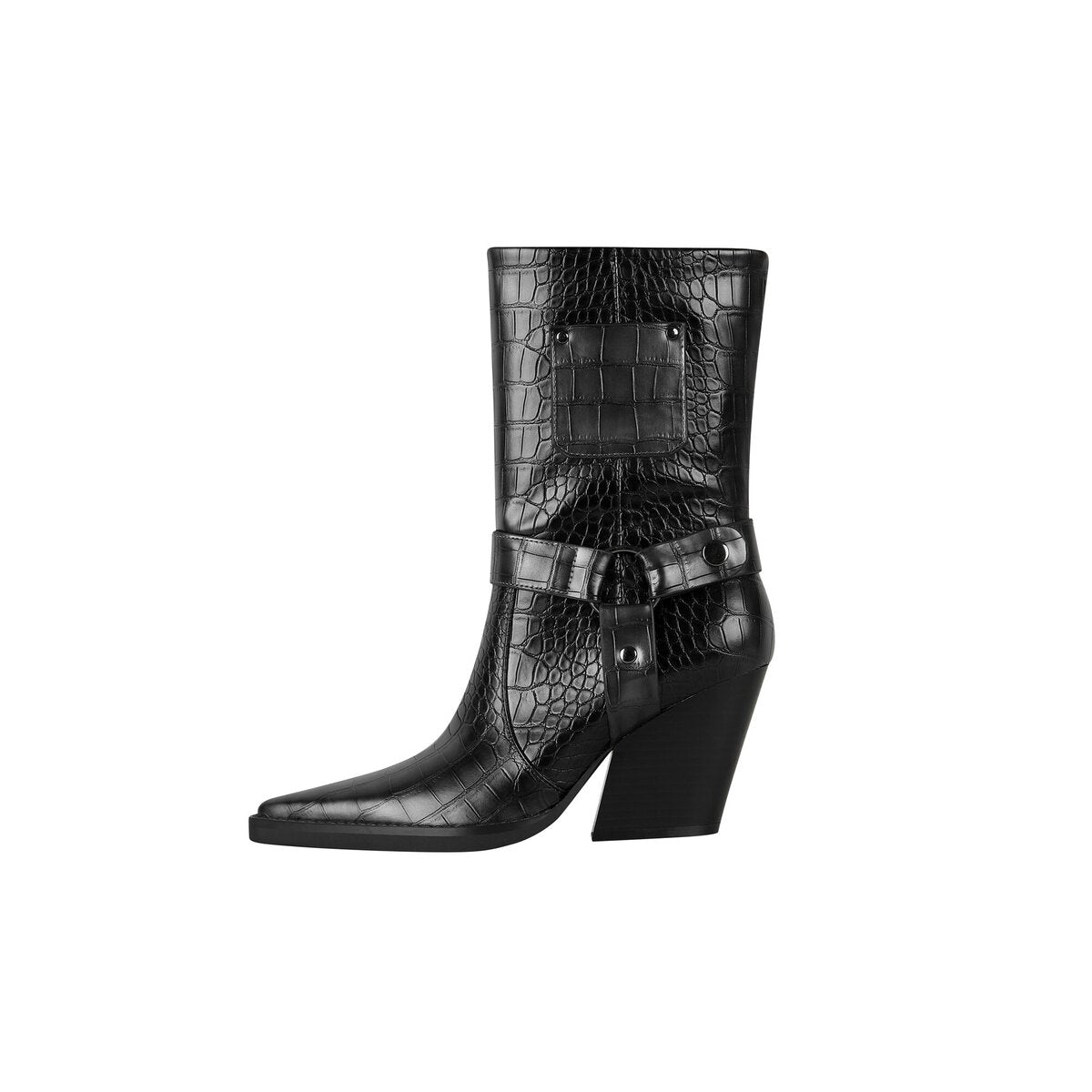 Croc Embossed Harness Pointed Toe Mid Calf Boots