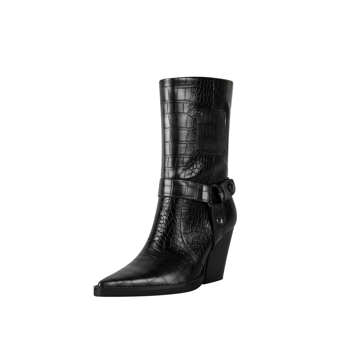 Croc Embossed Harness Pointed Toe Mid Calf Boots