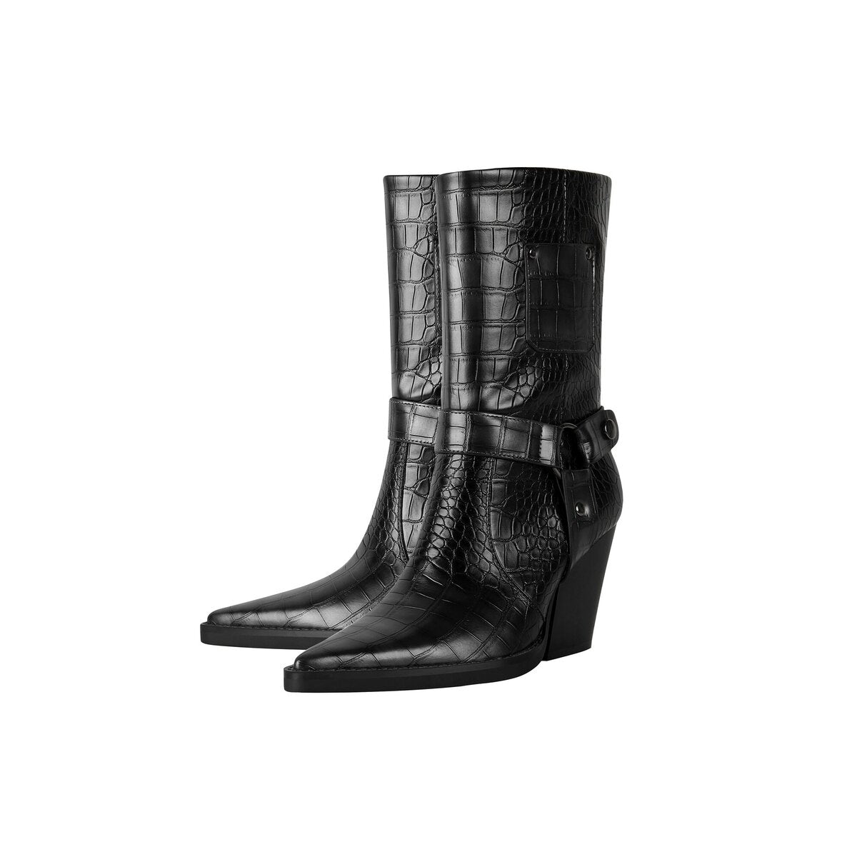 Croc Embossed Harness Pointed Toe Mid Calf Boots