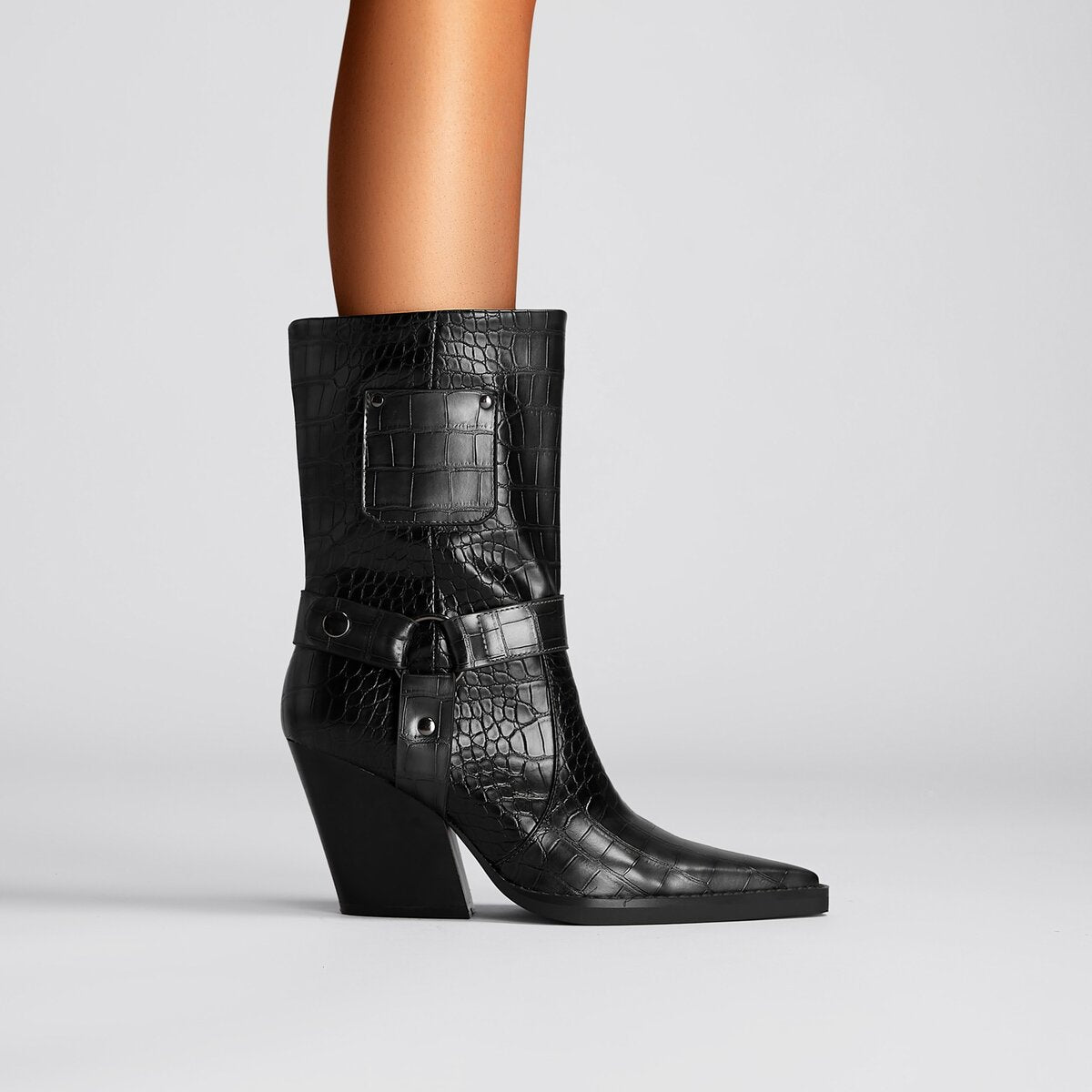 Croc Embossed Harness Pointed Toe Mid Calf Boots