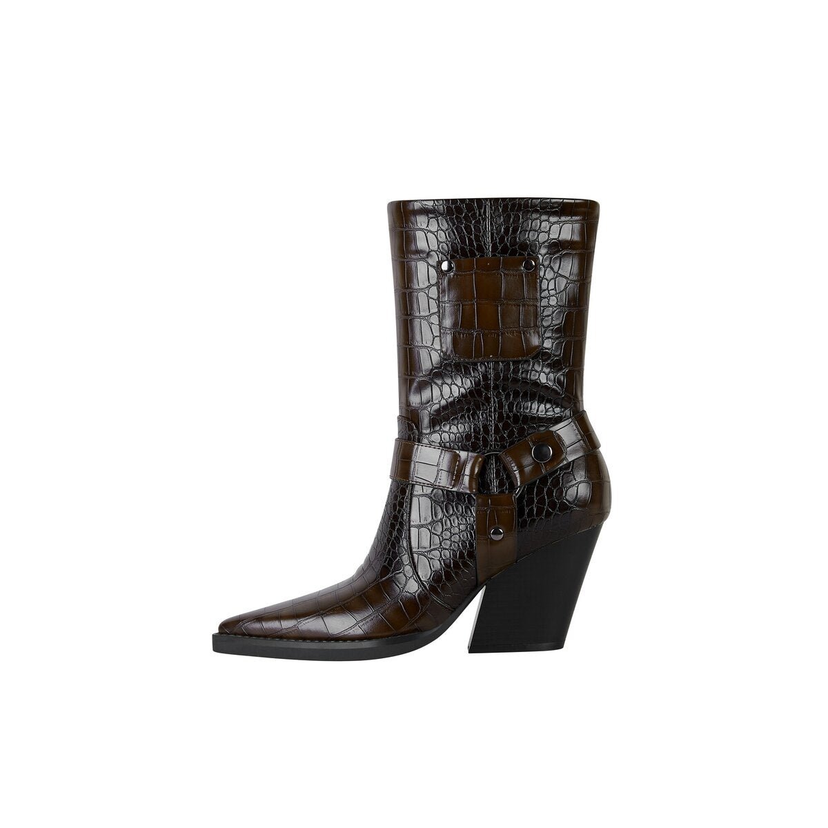 Croc Embossed Harness Pointed Toe Mid Calf Boots
