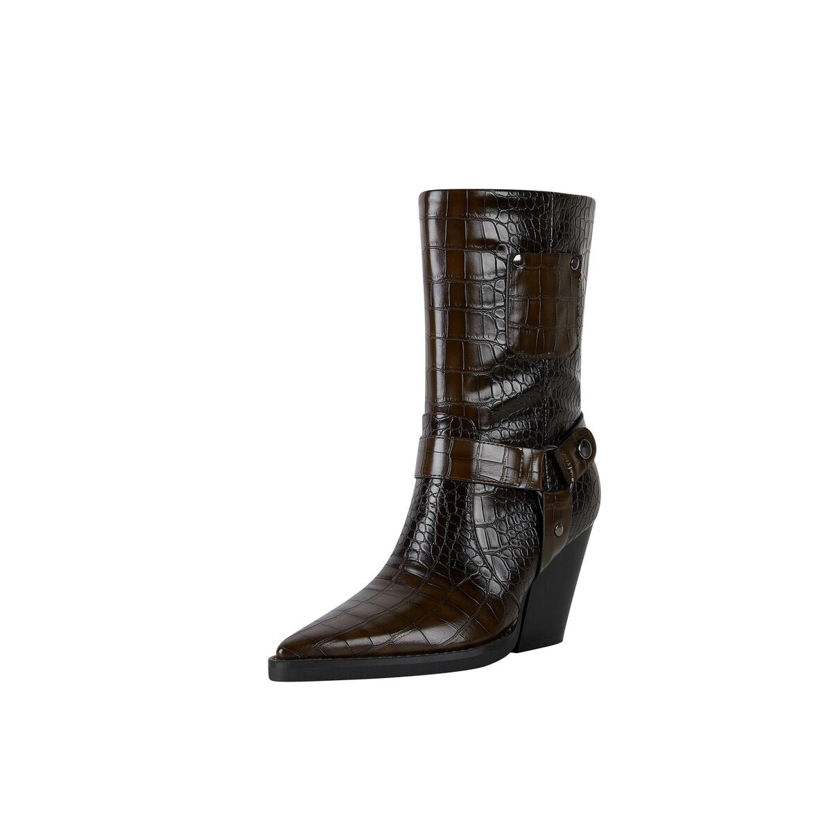 Croc Embossed Harness Pointed Toe Mid Calf Boots