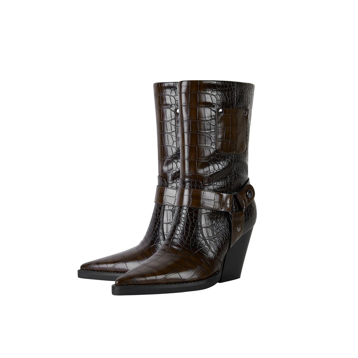 Croc Embossed Harness Pointed Toe Mid Calf Boots