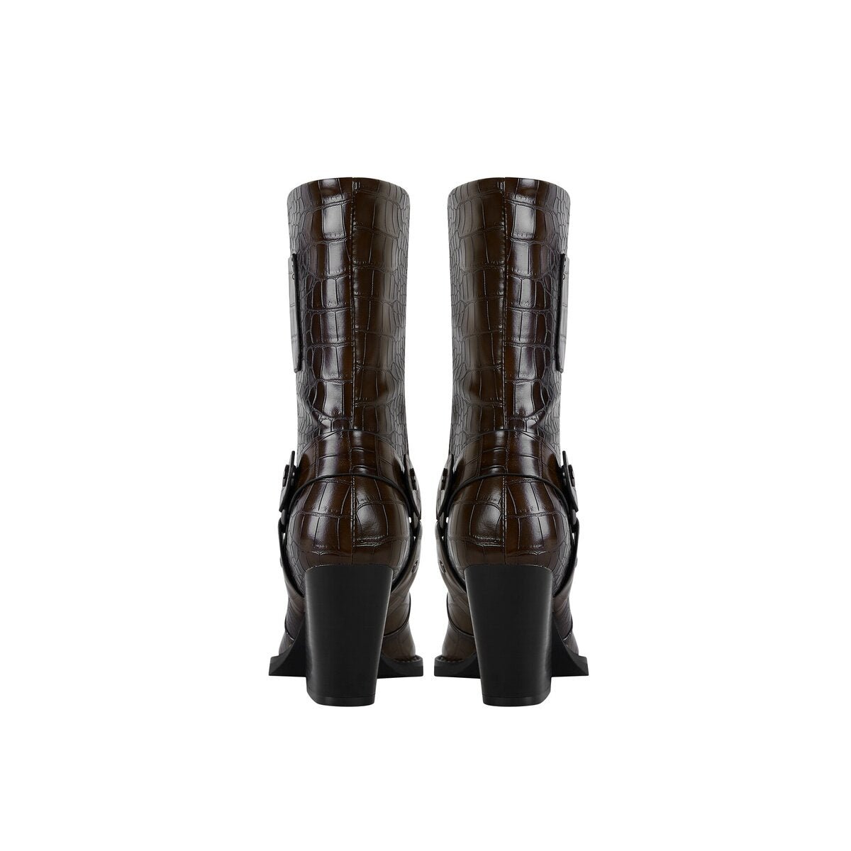 Croc Embossed Harness Pointed Toe Mid Calf Boots