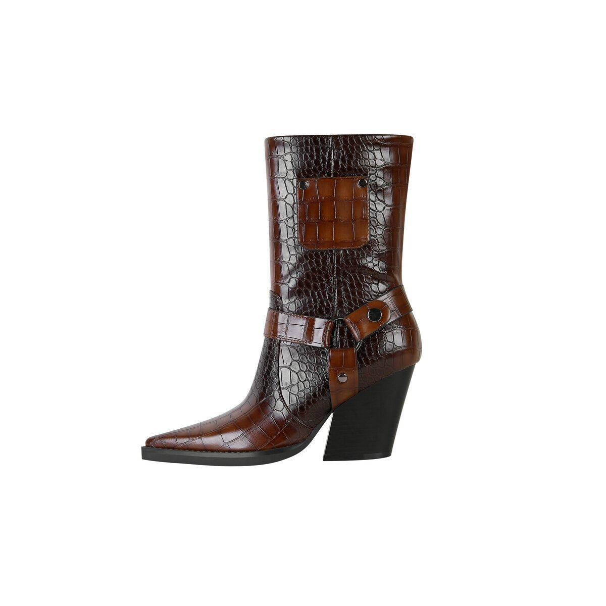 Croc Embossed Harness Pointed Toe Mid Calf Boots