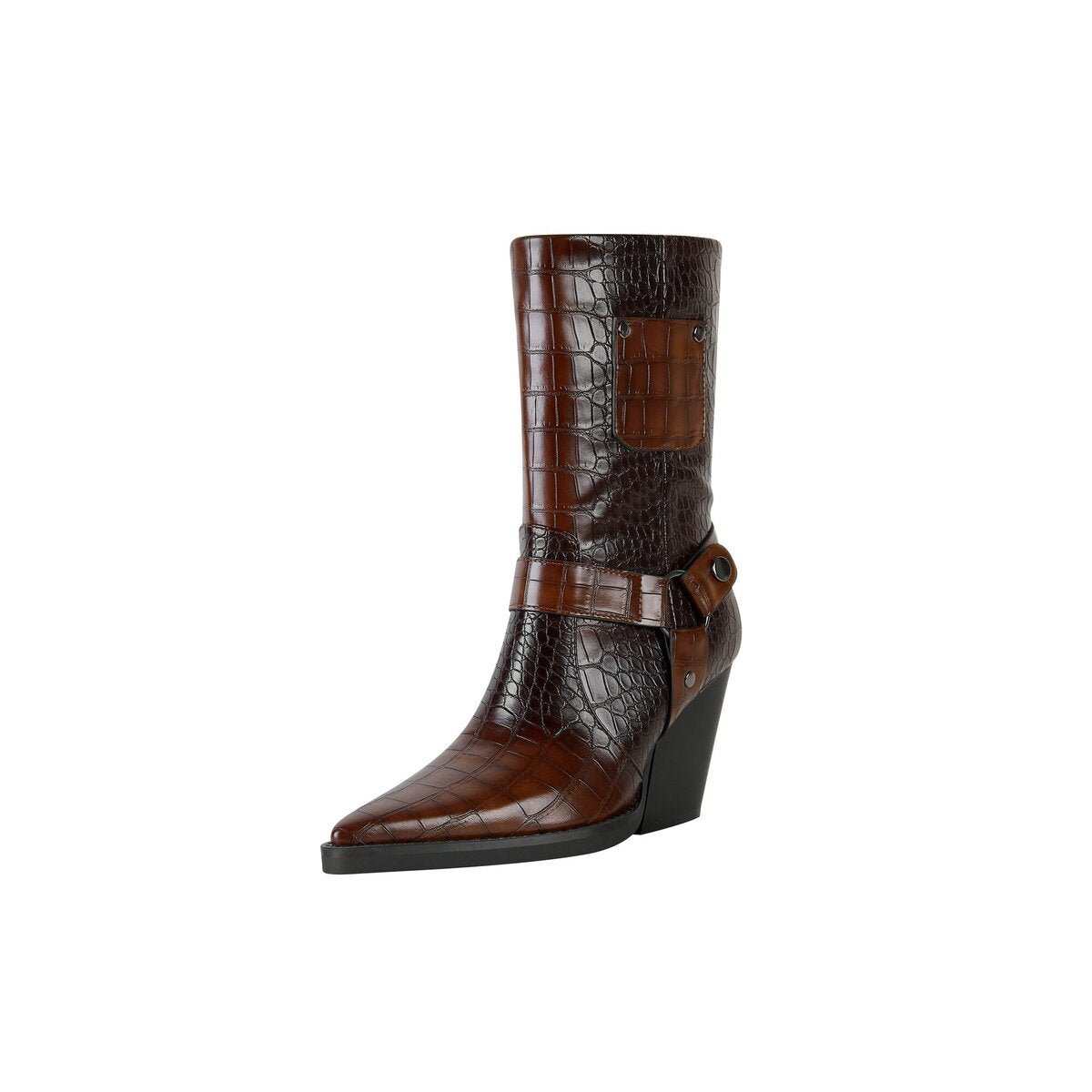 Croc Embossed Harness Pointed Toe Mid Calf Boots