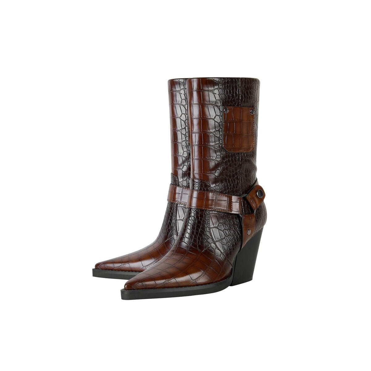 Croc Embossed Harness Pointed Toe Mid Calf Boots