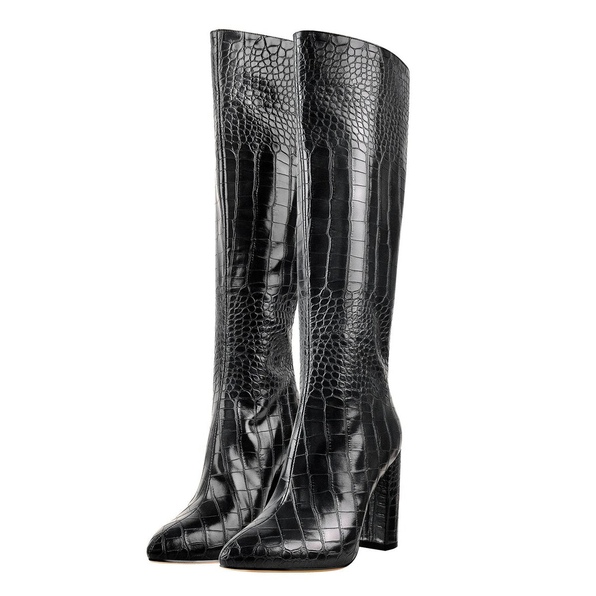 Croc Embossed Pointed Toe Knee High Boots with Block Heel