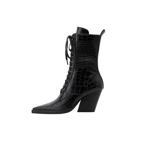 Croc Embossed Pointed Toe Lace Up Western Ankle Boots