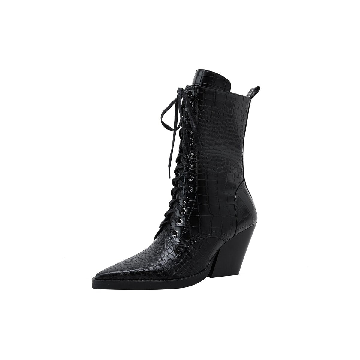 Croc Embossed Pointed Toe Lace Up Western Ankle Boots