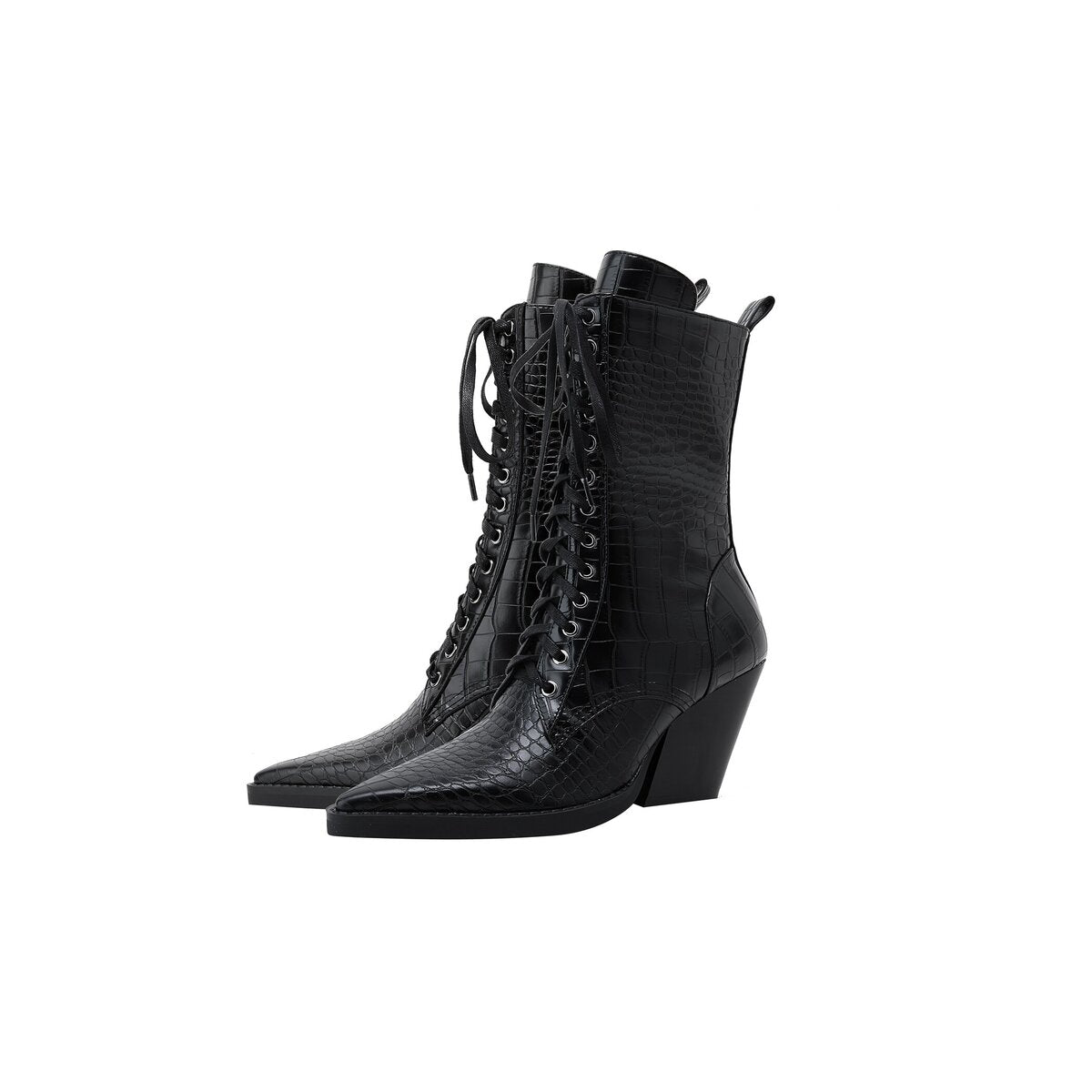Croc Embossed Pointed Toe Lace Up Western Ankle Boots