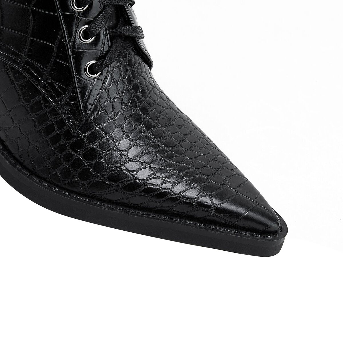 Croc Embossed Pointed Toe Lace Up Western Ankle Boots