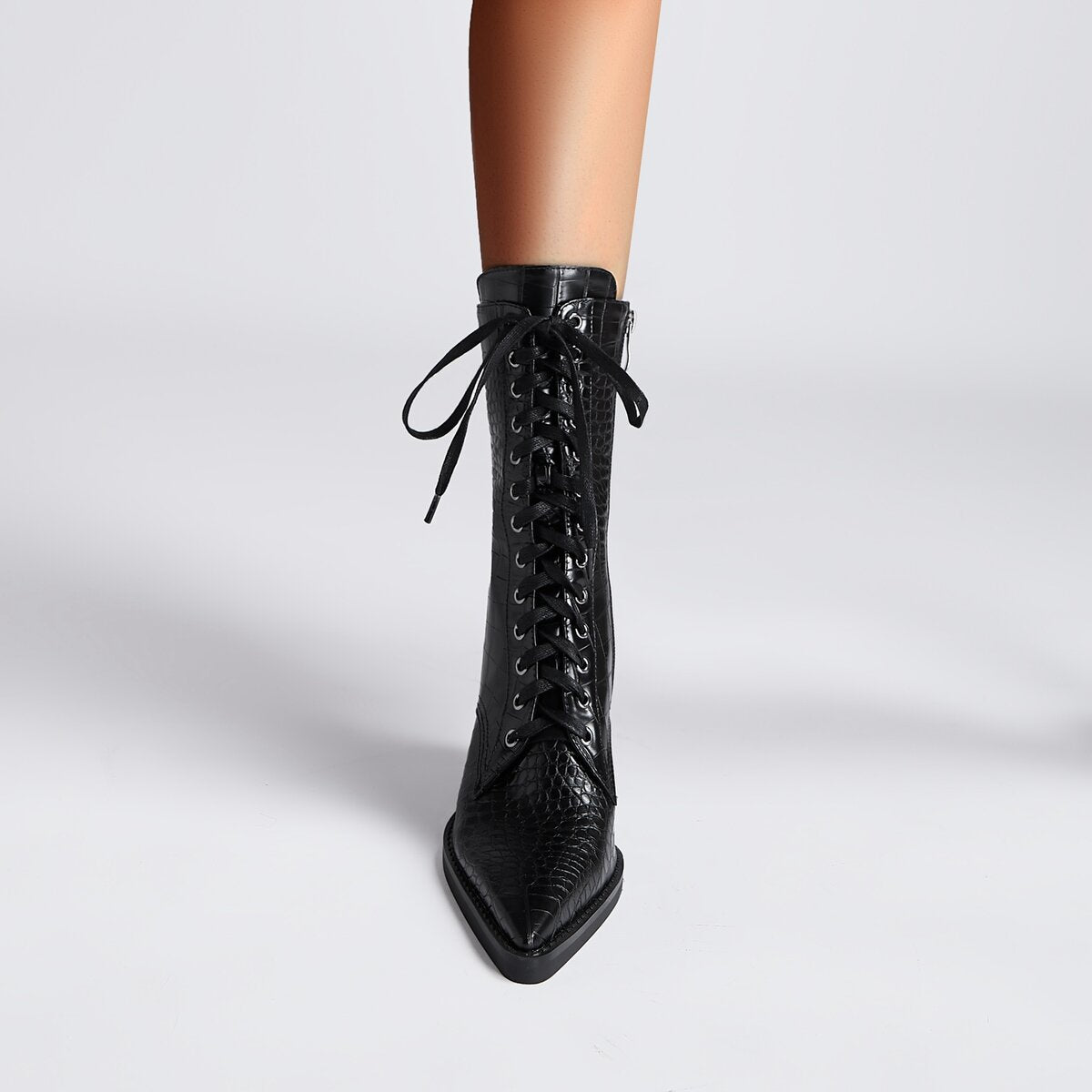 Croc Embossed Pointed Toe Lace Up Western Ankle Boots
