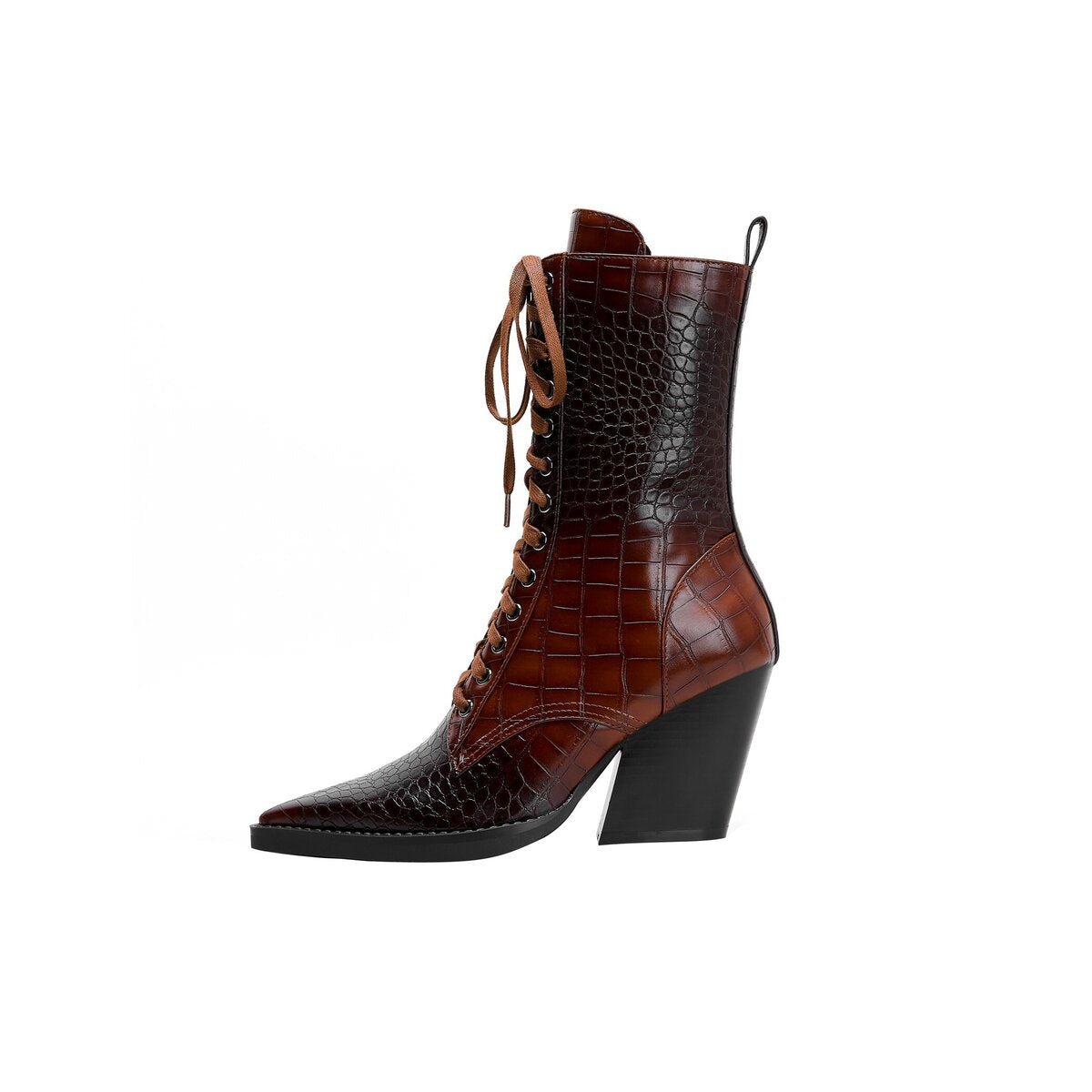 Croc Embossed Pointed Toe Lace Up Western Ankle Boots