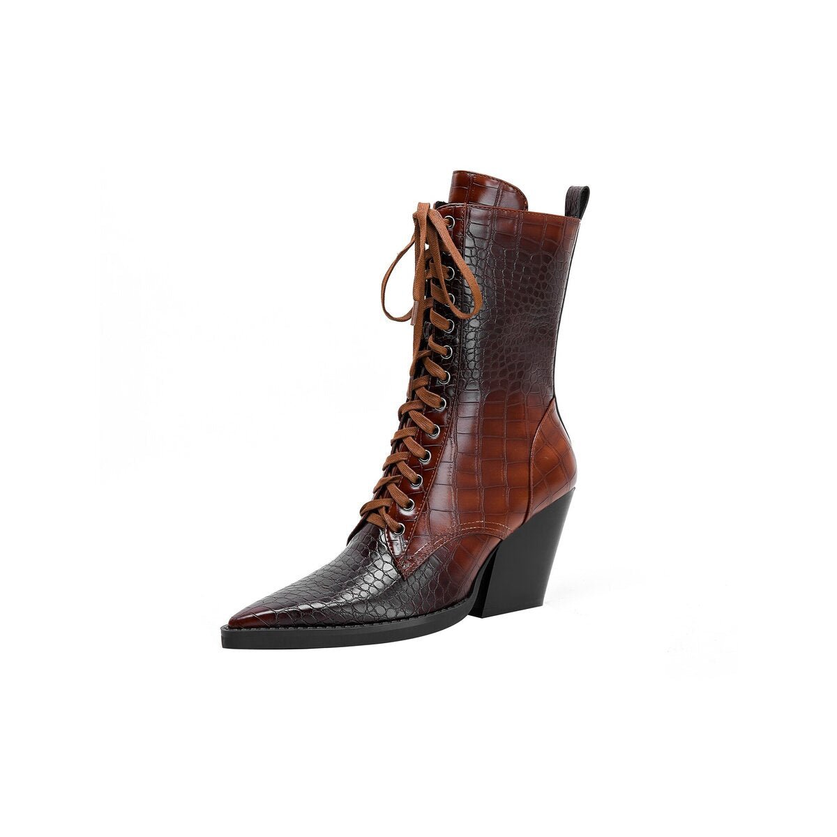 Croc Embossed Pointed Toe Lace Up Western Ankle Boots