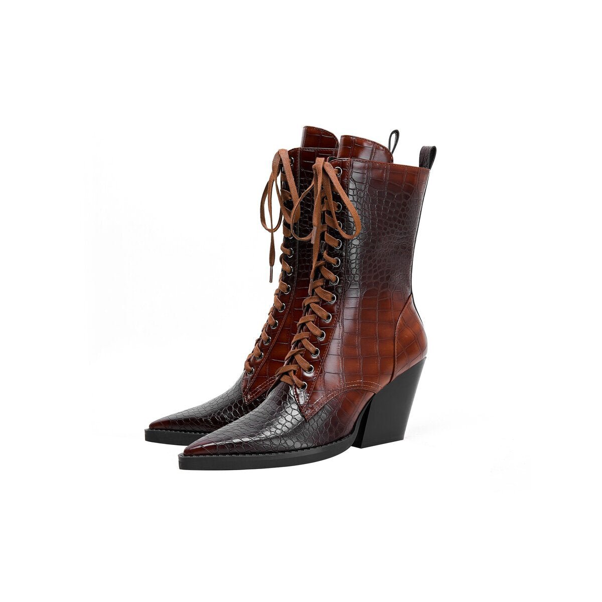Croc Embossed Pointed Toe Lace Up Western Ankle Boots