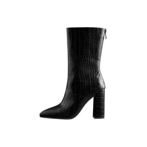 Croc Embossed Pointed Toe Mid Calf Boots with Block Heel